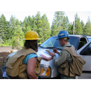 Here is a photo of Colin Dillingham and Lauren Payne navigating with a GPS unit to a Treated Stand Structure Monitoring unit in the Canyon Dam Project on the Mt Hough Ranger District of the Plumas National Forest