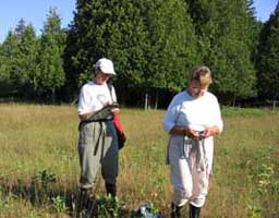 Picture of two women counting and recording the number of monarch eggs and larvae on milkweed.