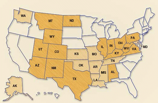 Clickable map of the United States. Text Links below.