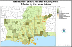 A picure of a map that summarizes HUD assisted units by county for counties in the Gulf Coast region eligible for Federal disaster relief.