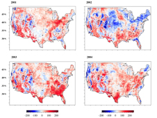 National maps of net carbon sinks (red) and sources (blue) from 2000 to 2004, in units of billion metric tons of carbon per year predicted by NASA Ames computer modeling.