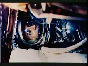 Astronaut Alan Shepard inside Freedom 7 capsule.