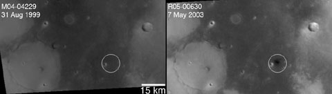 The first image shows the site before the impact, on Aug. 31, 1999. The second shows the impact site as it appeared on May 7, 2003. 