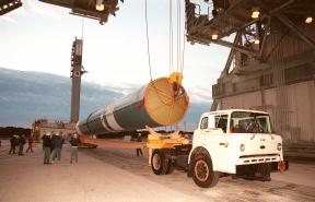 January 5, 1999 - Delta II First Stage Arriving At Launch Pad 17A 