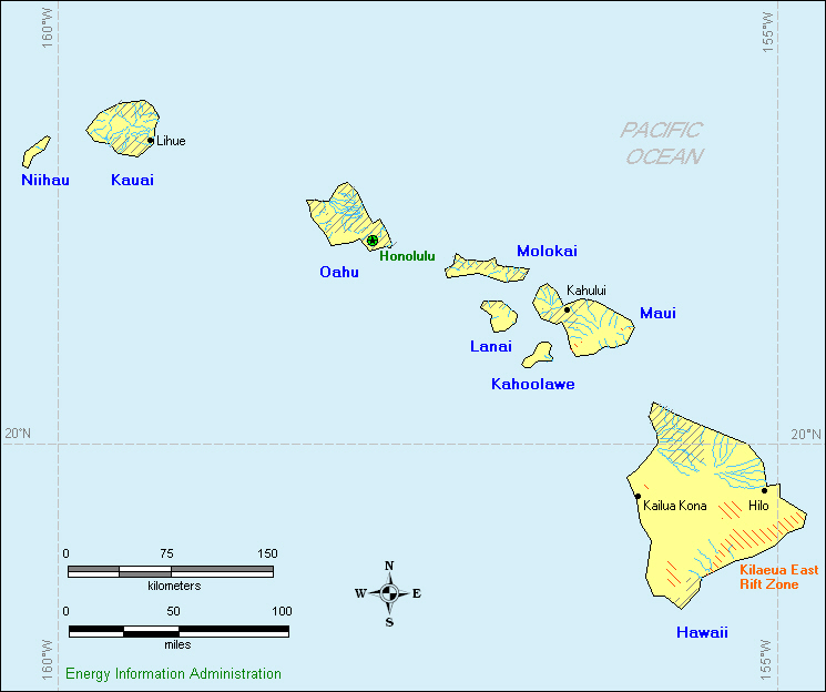 This map of Hawaii shows the potential for solar, geothermal, and wind energy, as well as indicators of hydroelectric, biomass, and wood energy potential.
If you have trouble reading this map, please call 1-202-586-8800.