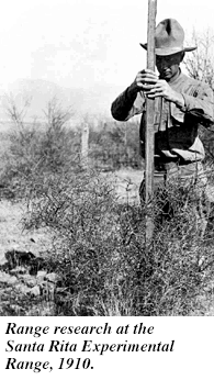 An old photo showing a worker conducting range research at the Santa Rita Experimental Range in 1910