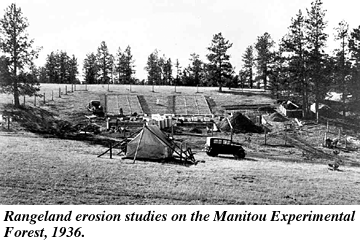 Old photo from 1936 of a camp set up for rangeland erosion studies on the Manitou Experimental Forest