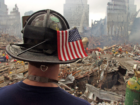 rescue worker looking out on the WTC