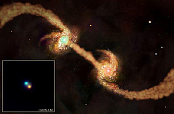 A stream (mainly from the lower right galaxy) of gas and dust to another galaxy, with strong new star growth, as the two galaxies are entering final stages leading to collision.