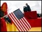 President George W. Bush addresses the audience during the New Mexico Welcome at Riner Steinhoff Soccer Complex in Alamogordo, N.M., Oct. 28, 2002.  