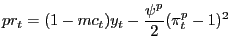 $\displaystyle pr_{t} =(1-mc_{t} )y_{t} -\frac{\psi^{p}}{2}(\pi_{t}^{p} -1)^{2} $