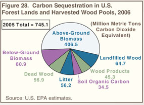 Figure 28. Carbon Sequestration in U.S. Forest Lands and Harvested Wood Pools, 2006 (million metric tons carbon dioxide equivalent).  Need help, contact the Naational Energy Information Center at 202-586-8800.
