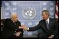 President George W. Bush and Prime Minster Ariel Sharon of Israel greet each other during their meeting at the United Nations in New York, Wednesday, Sept. 14, 2005. White House photo by Eric Draper