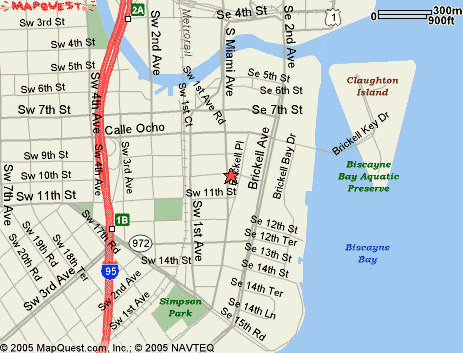 [Map of Miami showing the general location of the HUD office east of S Miami Ave and north of SW 10th Street]