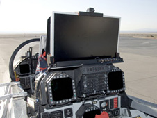 HD camera is mounted behind the head-up display of NASA's F-18 SRA aircraft.