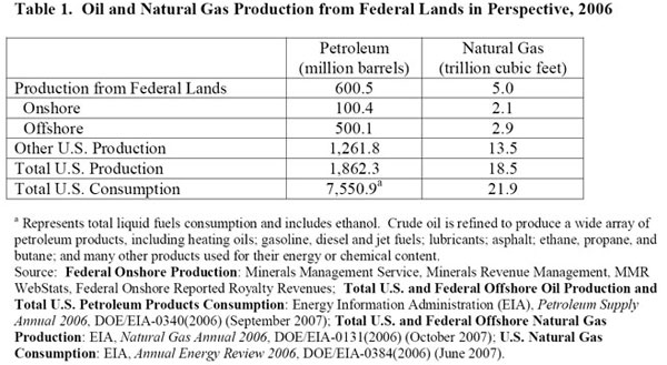 Table 1. Oil and Natural Gas Production from Federal Lands in Perspective, 2006.  Need help, contact the National Energy Information Center at 202-586-8800.