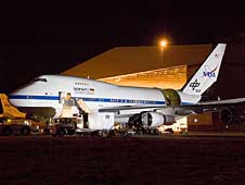 NASA's SOFIA flying observatory was captured in striking relief during nighttime telescope characterization tests in Palmdale, Calif., in March 2008.