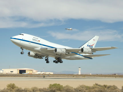 NASA's SOFIA infrared observatory lifts off on the first of a series of test flights to verify the flight performance of the highly modified Boeing 747SP.