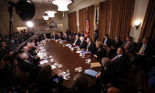 President George W. Bush speaks to reporters during the last meeting with members of his Cabinet Tuesday, Jan. 13, 2009, in the Cabinet Room of the White House, where President Bush thanked members of the Cabinet for their service and for helping with the President-Elect Obama transition. White House photo by Eric Draper