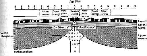 Cross-section through the Mid-Atlantic Ridge, showing patterns of changing magnetic polarities; adapted from Vine and Matthews.