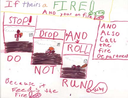 A child's illustration of what they learned to do in a disaster.