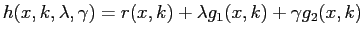 $\displaystyle h(x,k,\lambda,\gamma)=r(x,k)+\lambda g_{1}(x,k)+\gamma g_{2}(x,k)$