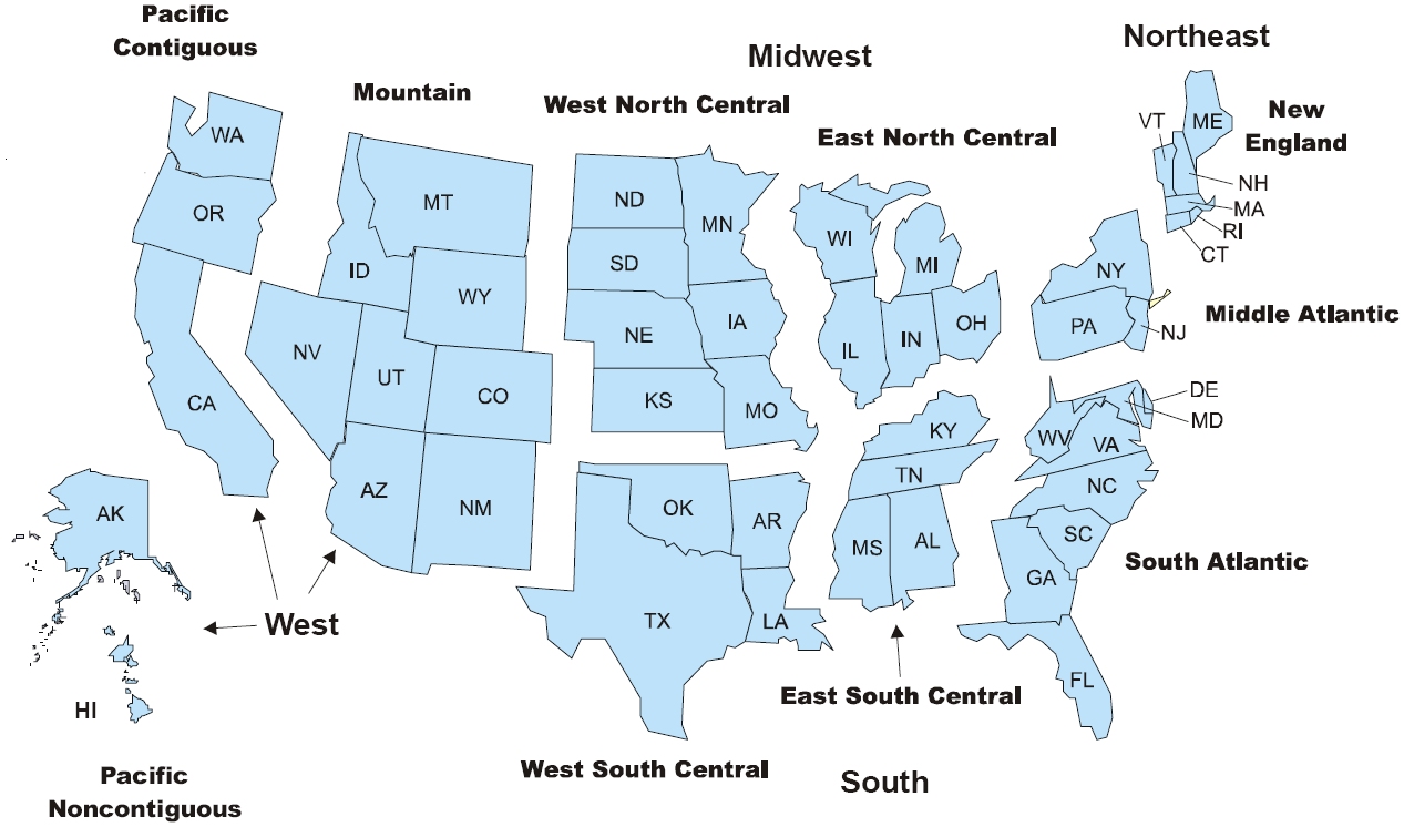 A map of the United States that shows the boundaries of US Census bureau divisions and regions.