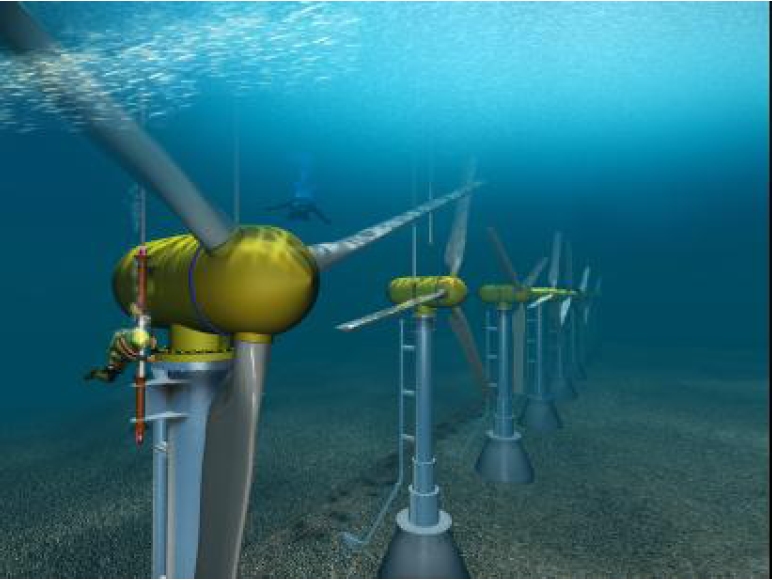 An artist’s rendition of ocean tidal current turbines