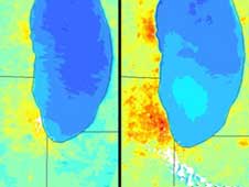 NASA MODIS satellite image compares temperatures in the morning with those in the afternoon over northern Illinois, southern Wisconsin, and northern Indiana.