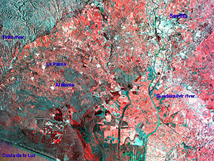 Color composite ERS SAR image of Sevilla, Spain, taken on separate dates from both the ERS-1 and ERS-2 sensors.