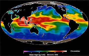 Water Vapor content, as determined by an instrument (microwave radiometer) on Topex/Poseidon.