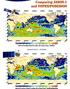 General maps of variations in sea surface heights as measured simultaneously by Jason (top) and Topex/Poseidon (bottom)