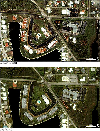 Ground damage in an upscale neighborhood in West Florida imaged by IKONOS just a day after passage of Hurricane Charley; the bottom image was acquired several weeks earlier.