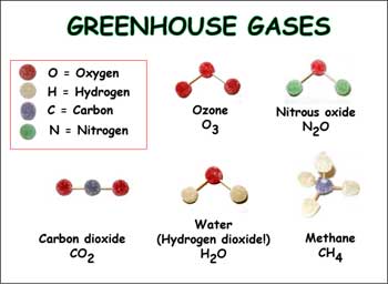 Paper has Greenhouse Gases as title across top. Legend at upper left names the four kinds of atoms (O = oxygen; H = hydrogen; Cj = carbon; N = nitrogen) with the appropriate colored gumdrop beside it. Rest of page has the names of the molecules, with formulas, and the gumdrop model placed above the labels.