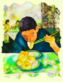 kid eating a dumpling