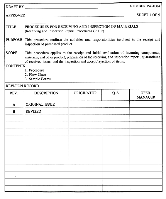 PA-1004 Sheet 1 of 9: Procedures for receiving and inspection of materials