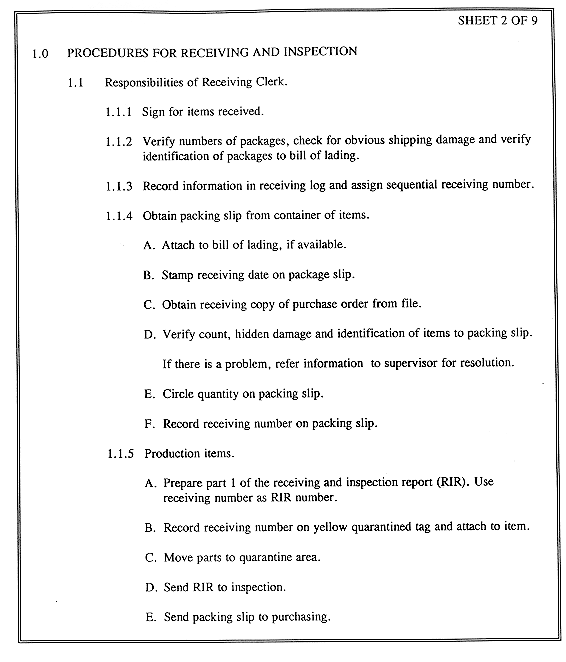 PA-1004 Sheet 2 of 9: Procedures for receiving and inspection of materials