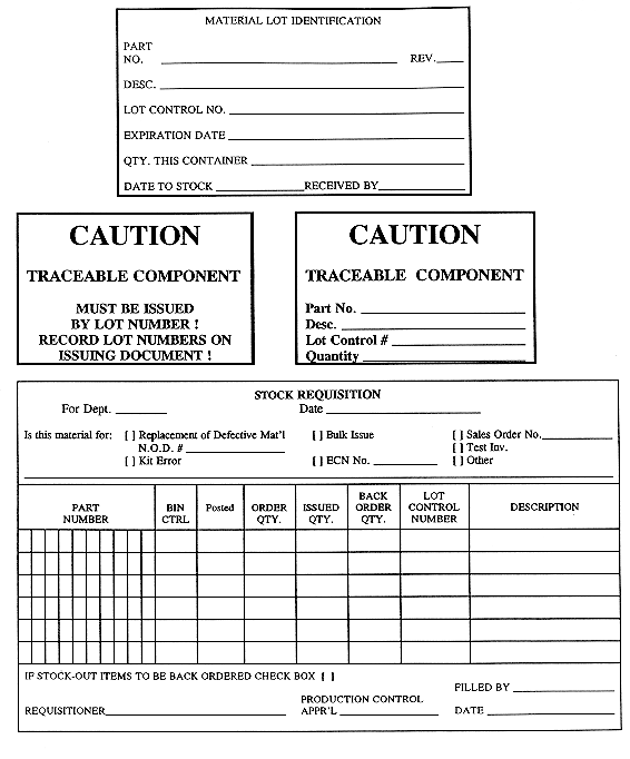 Material lot identification and stock requisition labels