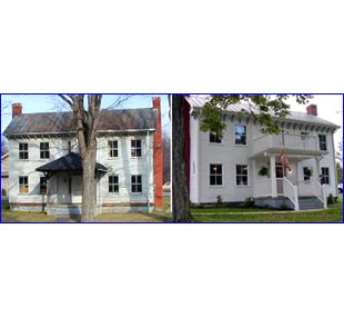 [Photo 1: Vacant historic structure and Photo of outside of renovated cafe]