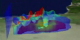 A rotating view of surfaces of constant precipitation density colored by ground rainfall amounts for a storm over Houston on February 10, 1998, as measured by TRMM.  The intense precipitation front in clearly visible in red.