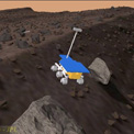 Simulation for SOOPS - Science Operations On Planetary Surfaces (SOOPS) is improved through technology development in operator interfaces, rover control, and new scenarios made possible by simulation.  Shown is a simulation of the Rocky 8 rover in a virtual Mars terrain, created with ROAMS and Simscape, respectively.