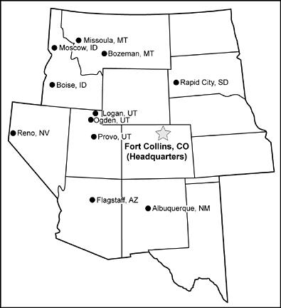 Image: Map of RMRS territory including states served and location cities.