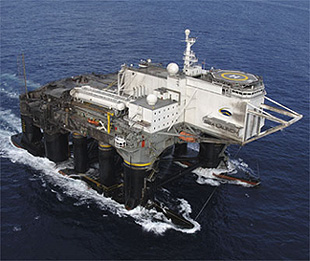 The Sea Launch mobile platform; the circular area normally used for helicopter landings is where the rocket is placed. 