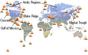 World map showing the location of hydrates around the continents