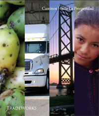 Imagen con una niña, un camion, fruta y un puente
