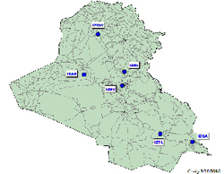 The blue circles on the map above show the locations of the six Continuously Operating Reference Stations that form the foundation for the Iraqi Geospatial Reference System. 