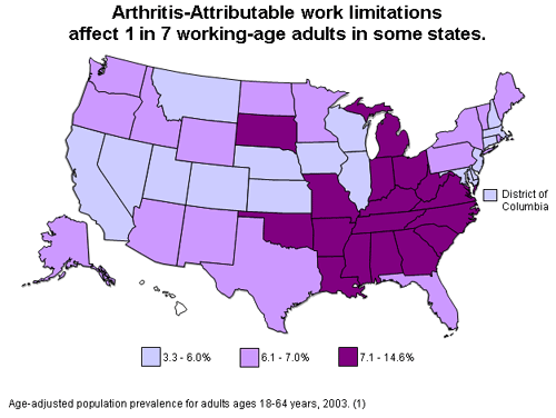 Map showing arthritis-attributable work limitations affect 1 in 7 working age adults in some states