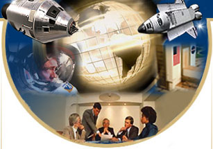 Collage of globe with Shuttle, ISS, an Astronaut, VAB and people sitting around a conference table