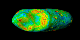 A rotating view of the asteroid Eros, where the colors represent the gravity slope measured by NEAR.  This version has grid lines every 15 degrees.