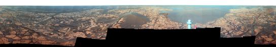 View the image and caption 'Full-Circle 'Santorini' Panorama from Opportunity'